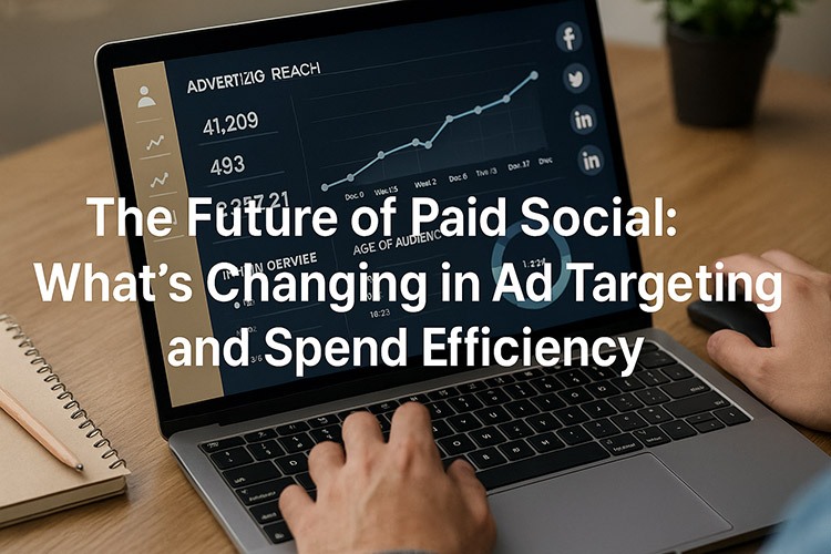 Hand holding smartphone displaying a sponsored ad with a colorful bar chart and ‘Learn More’ button, blurred laptop in background, overlaid text ‘THE FUTURE OF PAID SOCIAL: What’s Changing in Ad Targeting and Spend Efficiency